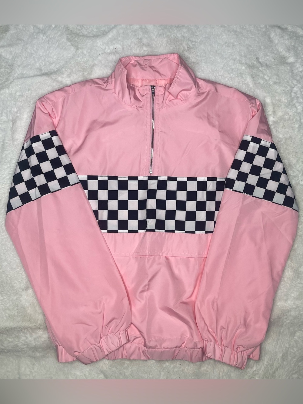 Girls Forever 21 Pink Half-Zip Kids Rain Jacket with Black & White Checkerboard
